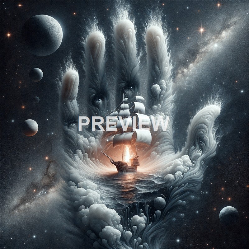 A surreal cosmic scene featuring a sailing ship surrounded by swirling clouds and nebulae in space, with planets and stars in the background.